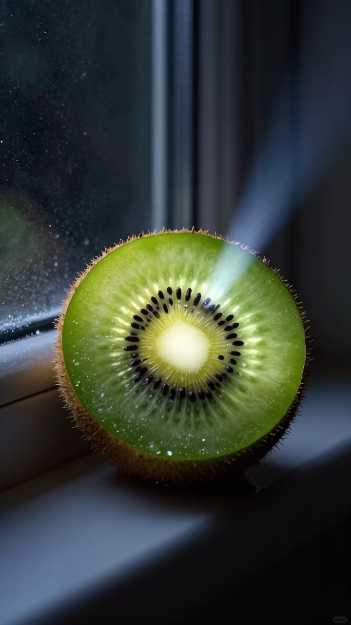 Backlit Kiwi Cross Section on Frosty Window in along a frost-edged windowpane near Gorzów Wielkopolski