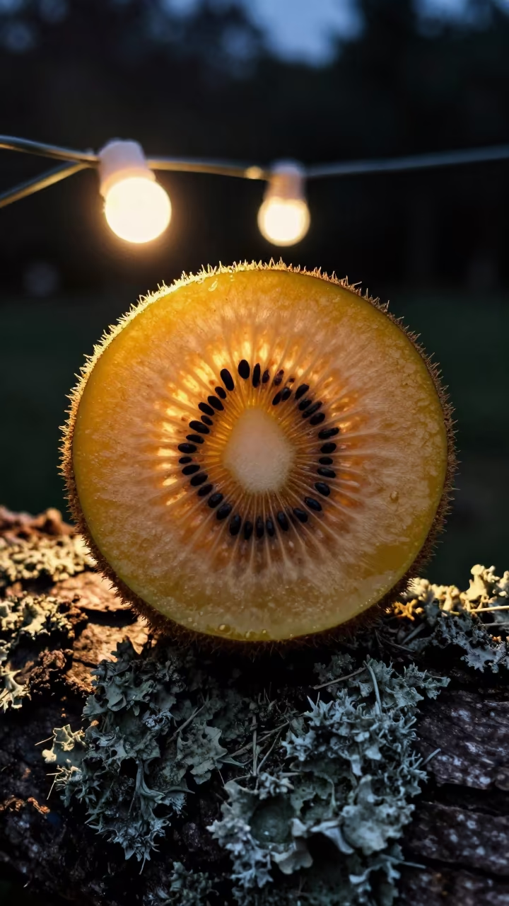 Backlit Kiwi Cross Section on Lichen Bark in on lichen-covered bark in Wolverhampton