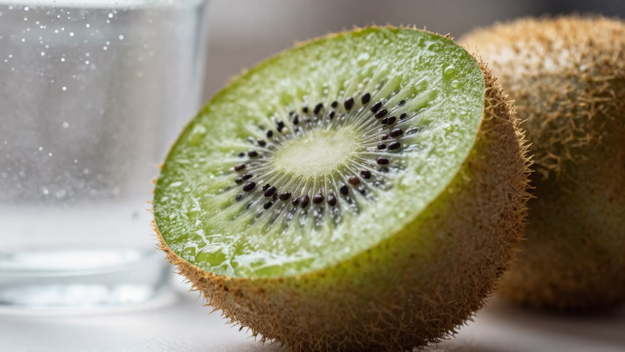Backlit Kiwi Cross Section in Noida Seed Pod in inside a seed pod split open in Noida