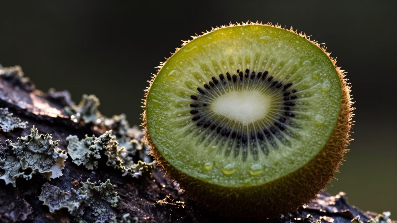 Backlit Kiwi Slice on Lichen Bark Twilight in on lichen-covered bark in Merida