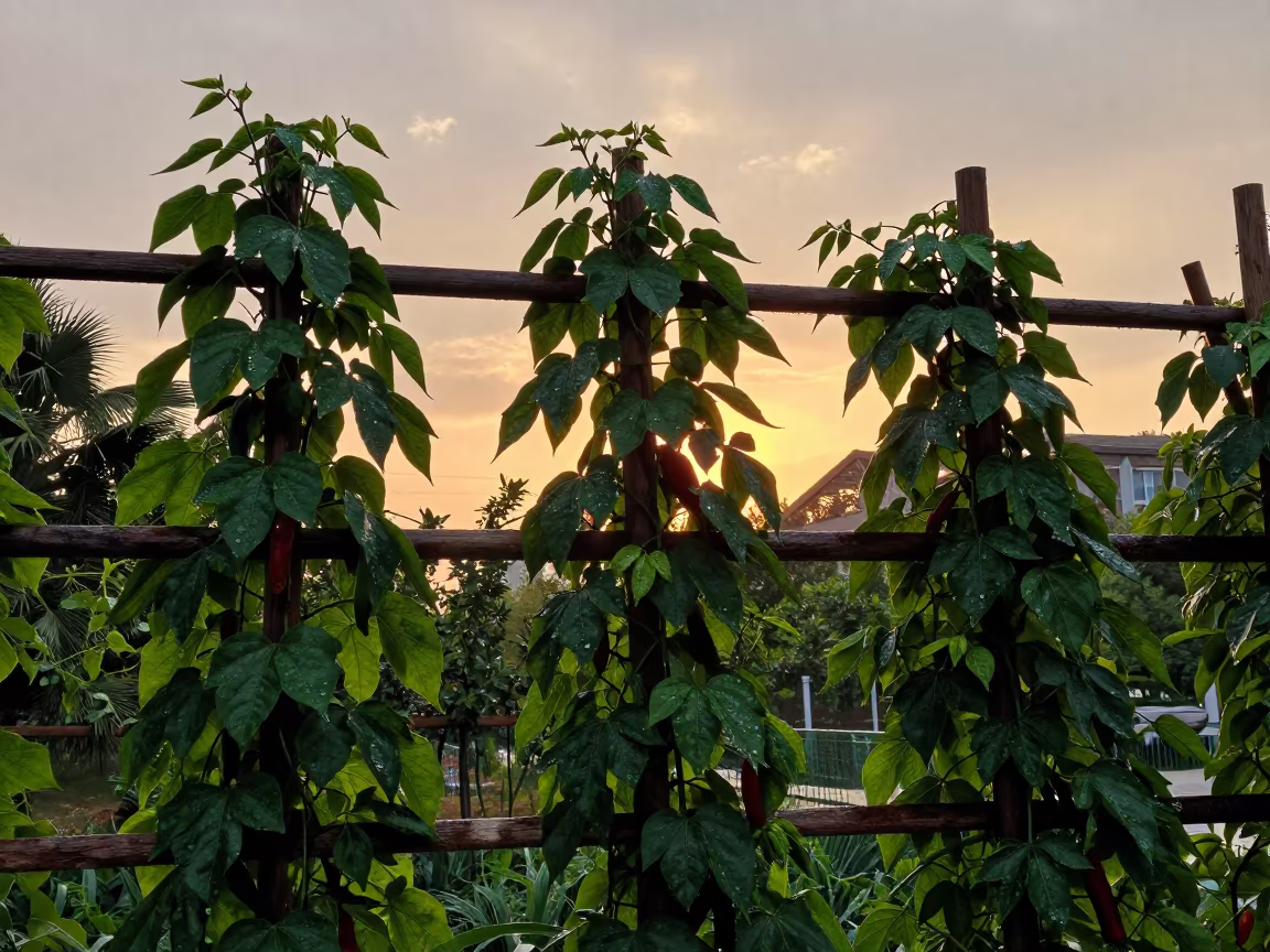 Backlit Pepper Vine on Wooden Trellis at Sunset in near Shanghai