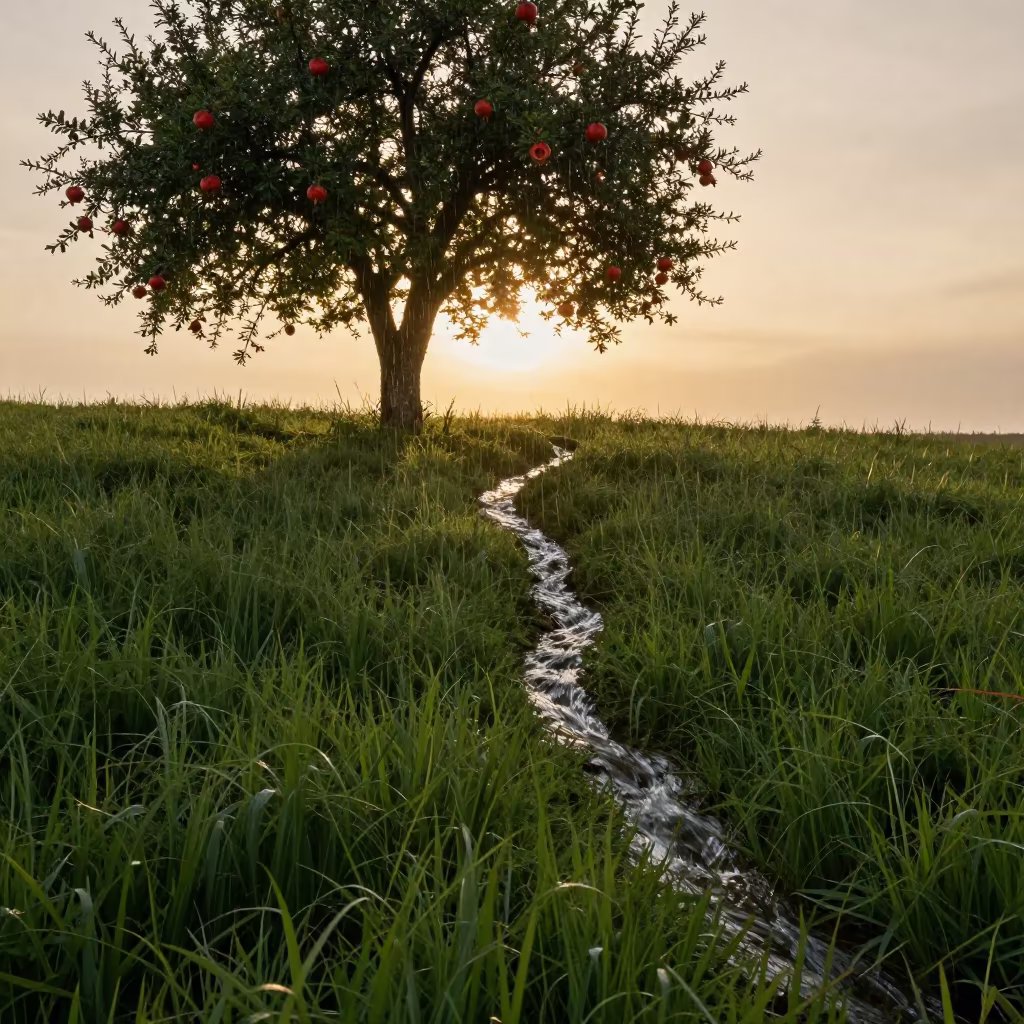Backlit Pomegranate Tree with Uphill Water Flow in in a bloom-heavy meadow in Manitoba