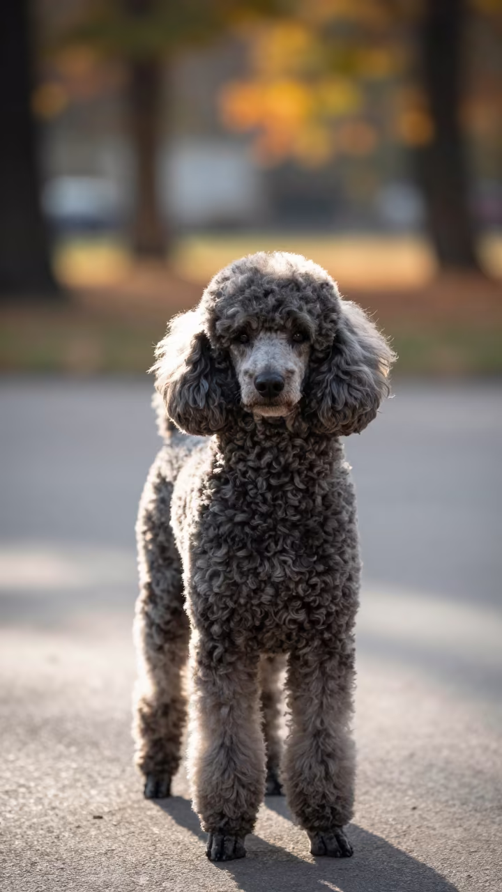 Backlit Poodle Portrait on Quiet Krakow Path in along a quiet park path with soft open shade and a clean background in Krakow
