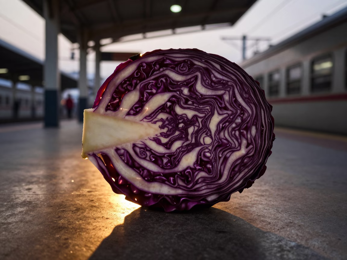 Backlit Red Cabbage Veins in Dehradun Terminal in inside a restored train terminal near Dehradun