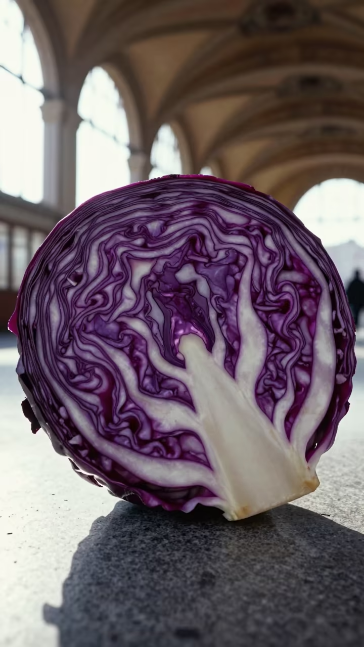 Backlit Red Cabbage Veins in Eskişehir Terminal in inside a restored train terminal in Eskişehir