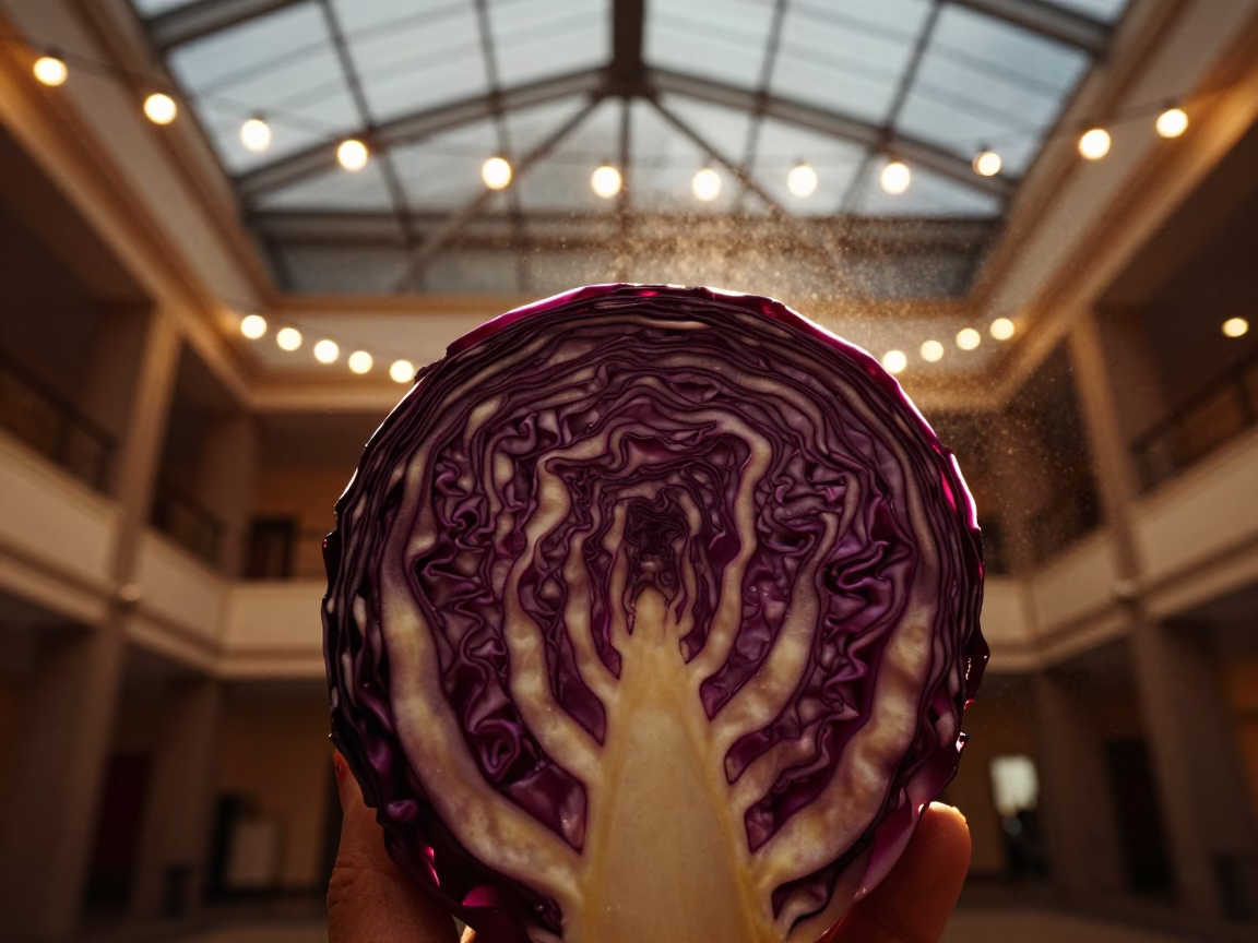 Backlit Red Cabbage Veins in Kampala Atrium in inside a vaulted atrium in Kampala