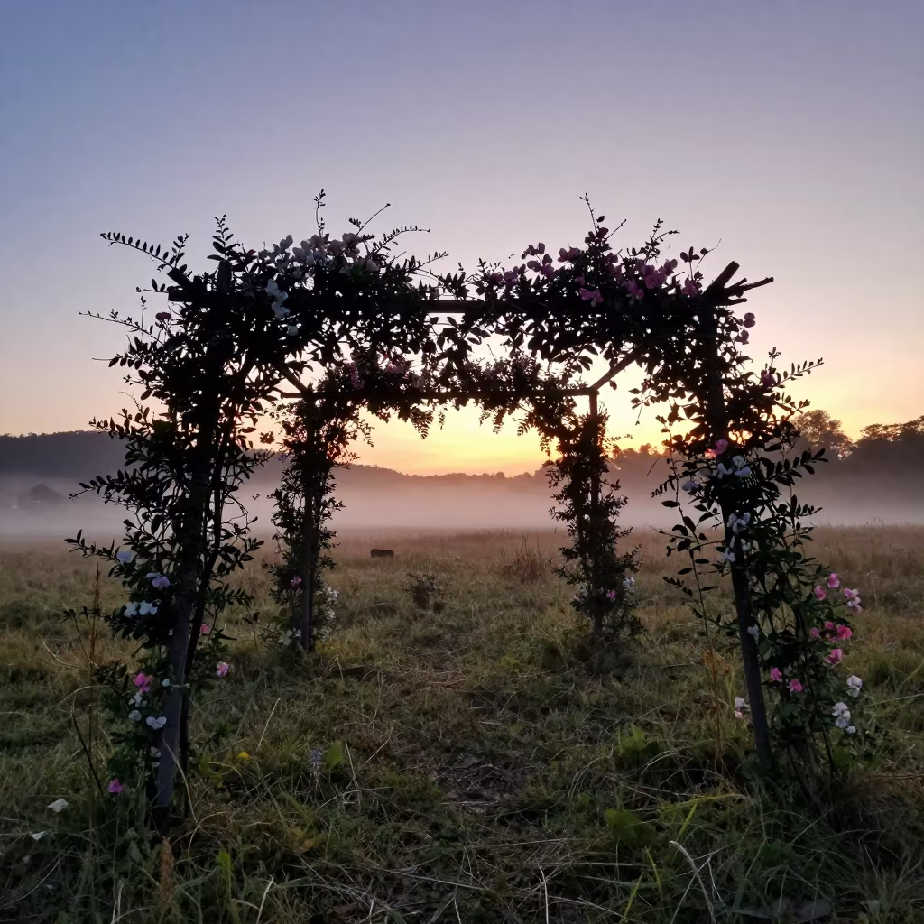 Backlit Sweet Pea Trellis in Honduran Meadow in in a bloom-heavy meadow in Honduras