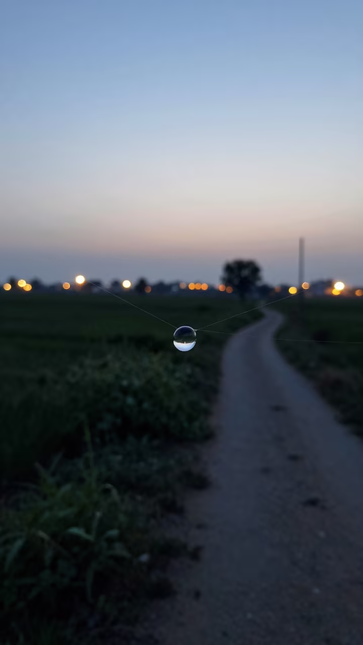 Backlit Water Droplet on Spider Silk Trail in along a game trail near Hafizabad