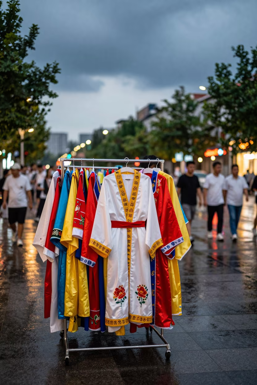 Backstage Costume Rack Before Jinan Festival in at a festival street procession near Jinan