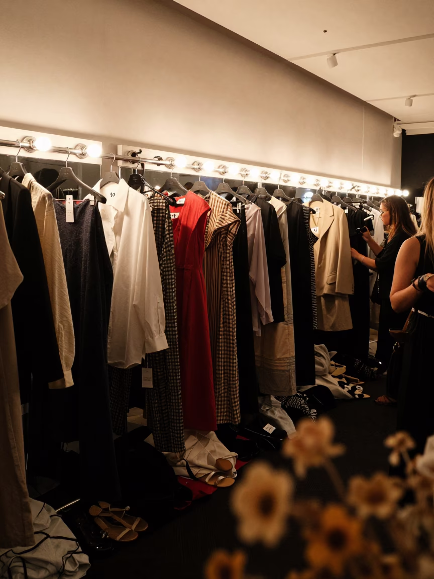 Backstage Fashion Rail Midnight Singapore Glow in beside a mirror lined with makeup bulbs in Singapore