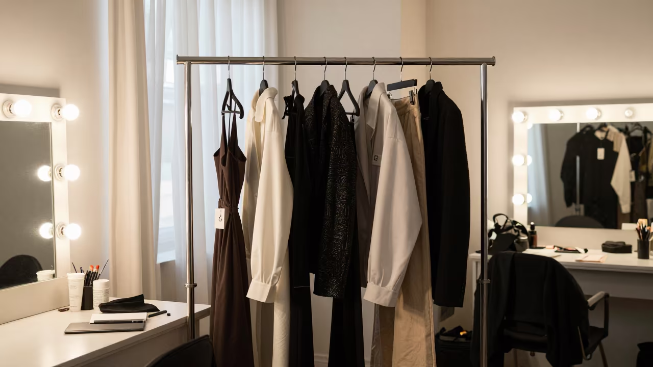 Backstage Fashion Rail Tagged by Look Number in beside a mirror lined with makeup bulbs in Kotri