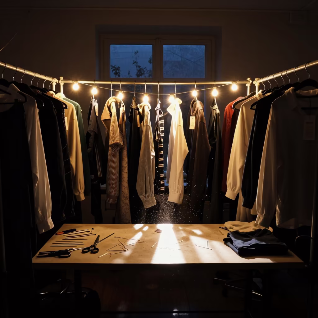 Backstage Garments Tagged by Look Number in at a tailoring table strewn with chalk and shears in Tartu