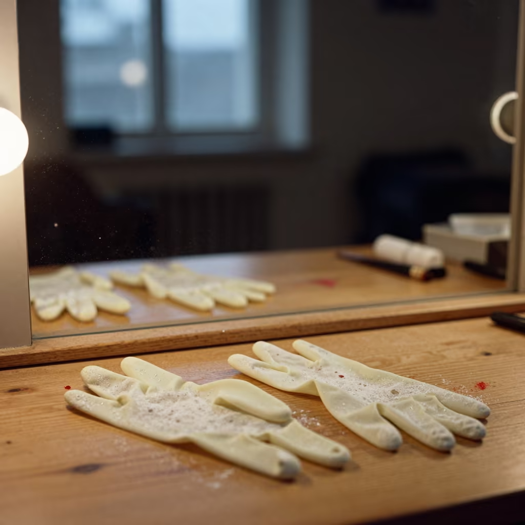 Backstage Mirror and Gloves in Ohrid Rehearsal Room in in a rehearsal room in Ohrid
