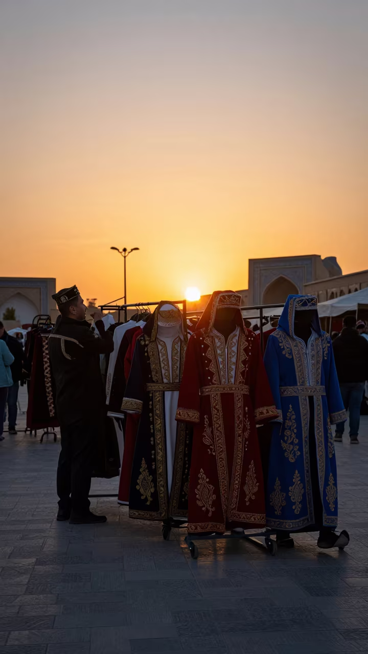 Backstage Parade Costumes Golden Hour Mazar in at a festival street procession in Mazar-i-Sharif