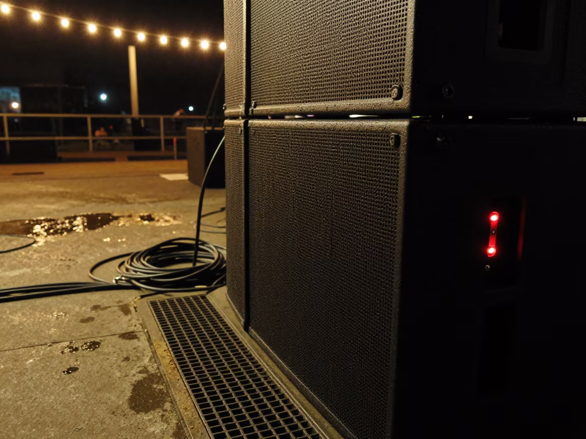 Backstage speaker stack with cables in Bogota hall in in a concert hall in Bogota