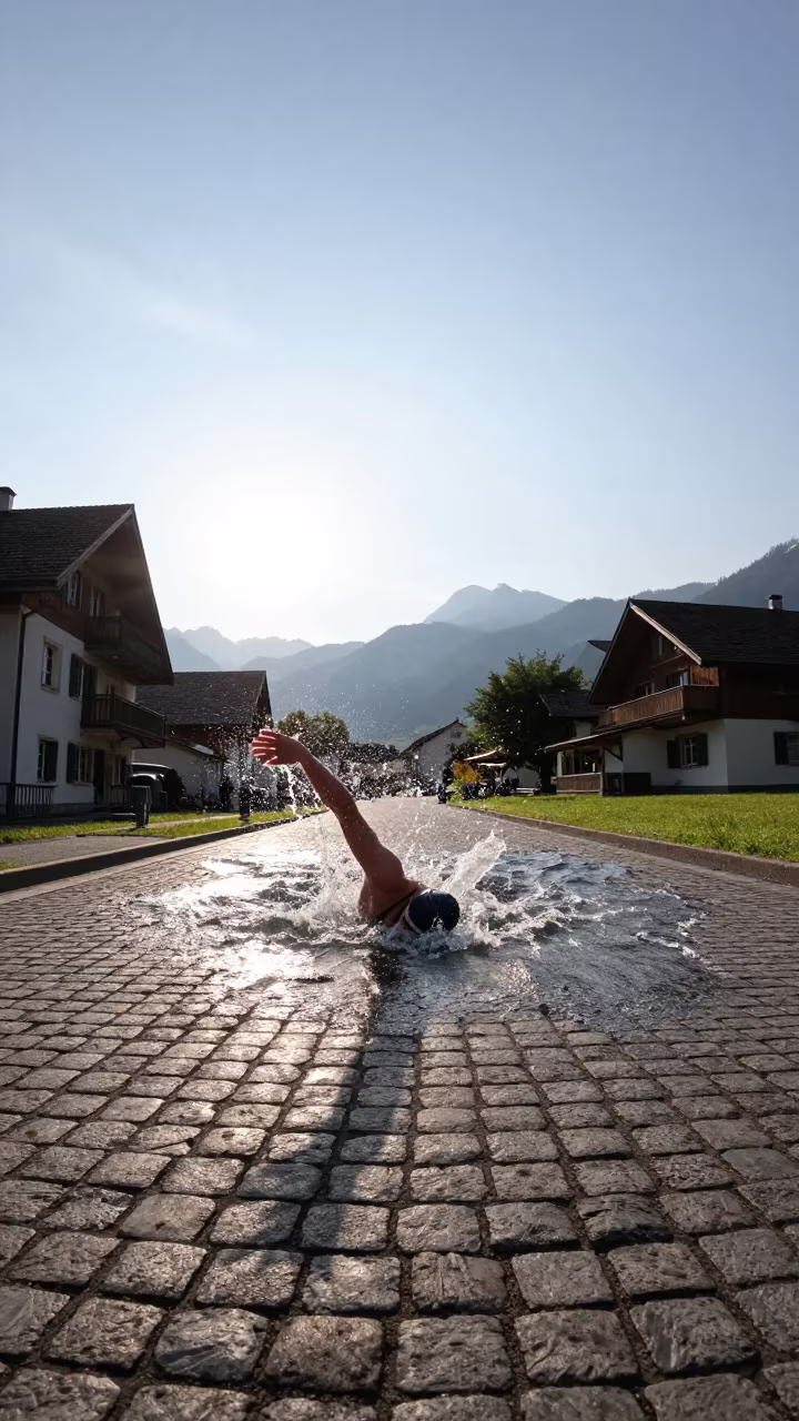 Backstroke swimmer turns in village lane morning light in in a village lane near Interlaken