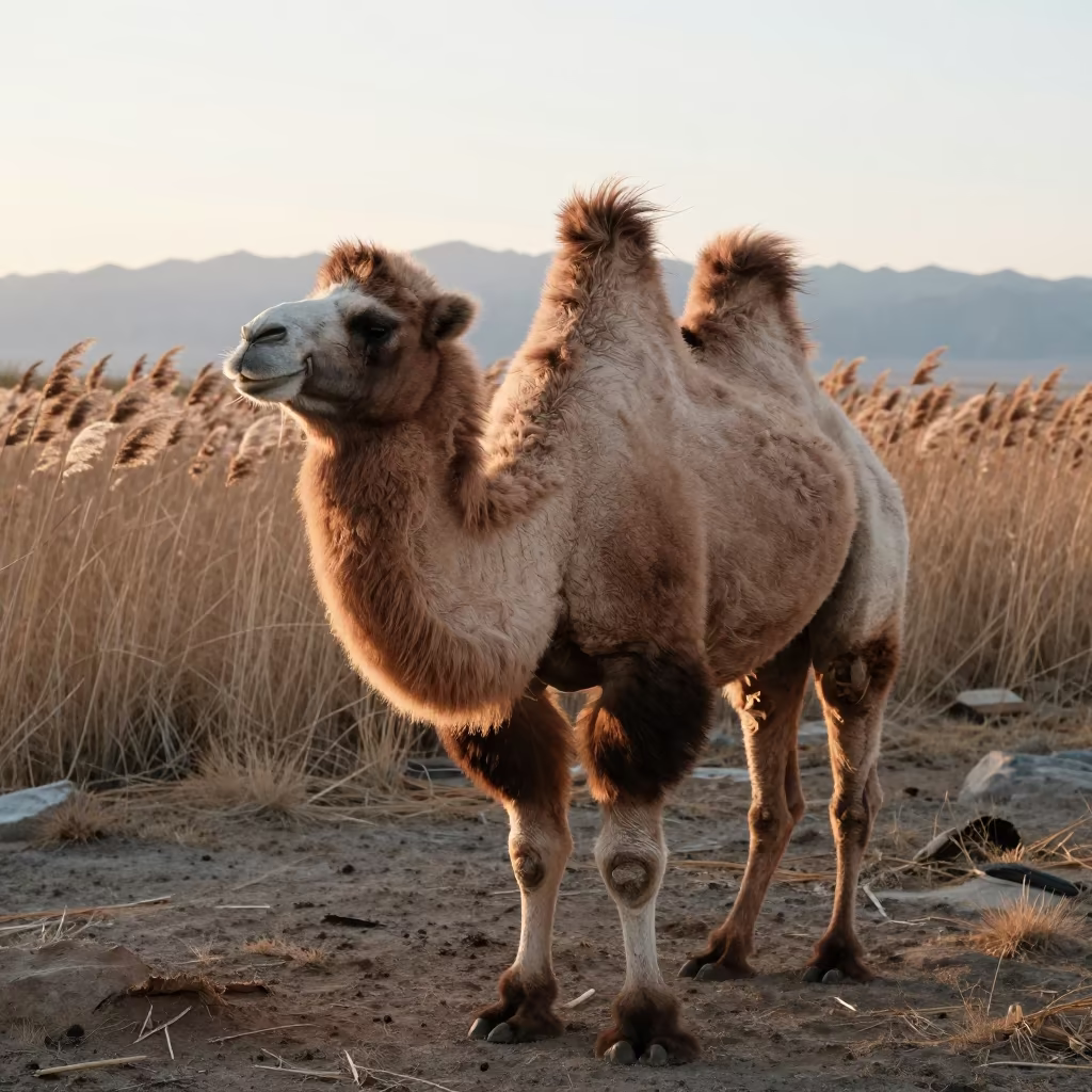 Bactrian Camel at Dawn in Nevada Reed Bed in at the edge of a reed bed in Nevada