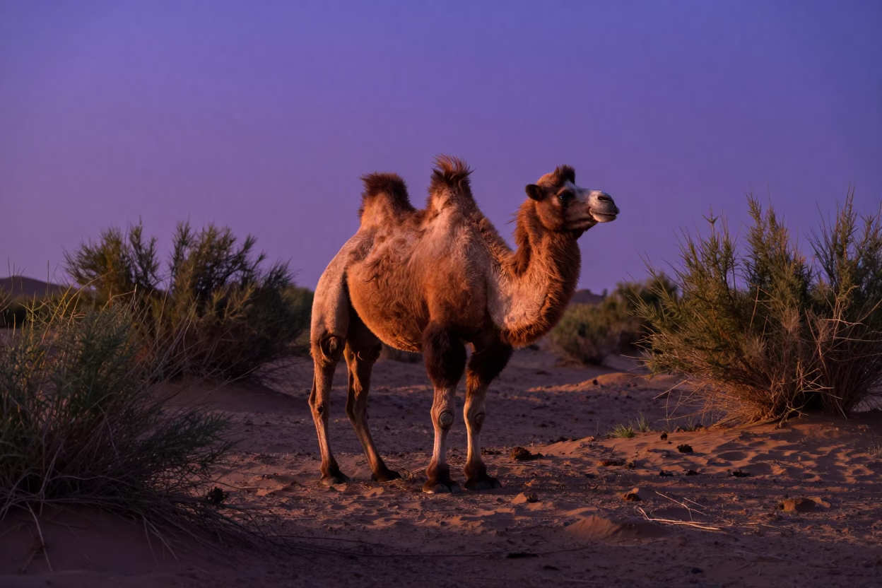 Bactrian Camel in Indigo Gobi Twilight Shadow in along a game trail near Doha