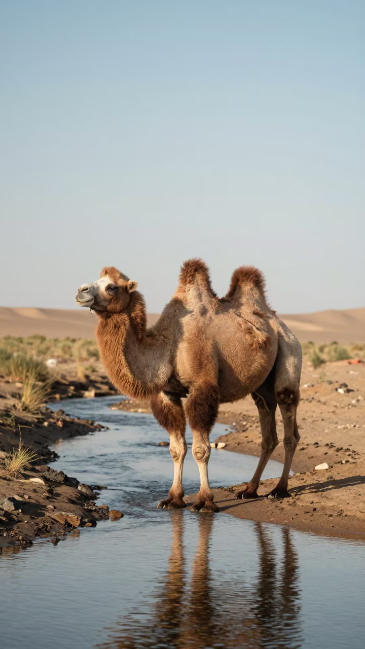 Bactrian Camel by Libyan Glacial Stream in above a glacial stream in Libya
