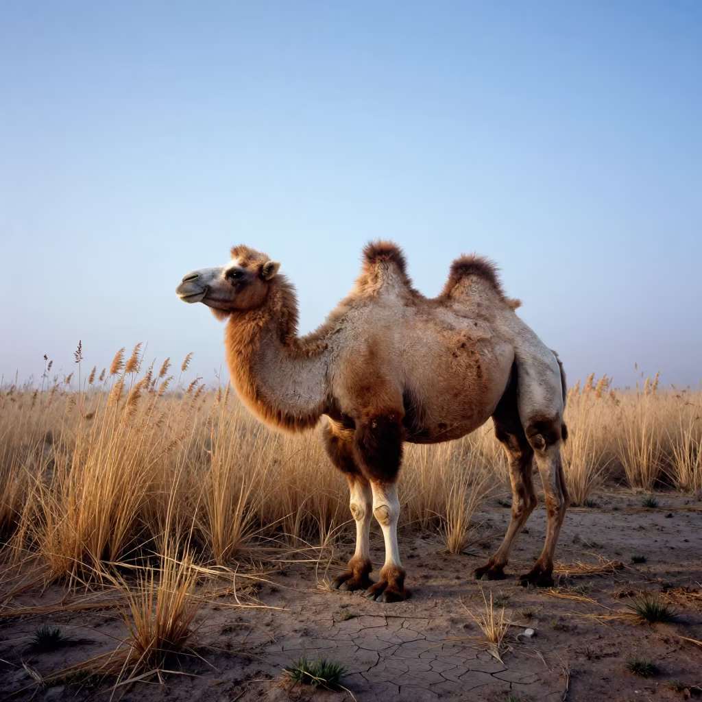 Bactrian Camel in Utah Reed Bed Dawn in at the edge of a reed bed in Utah