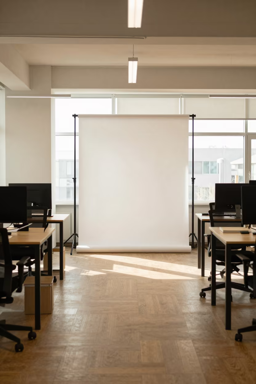 Badge Backdrop Tube in Nampo Coworking Atrium in inside a coworking floor in Nampo