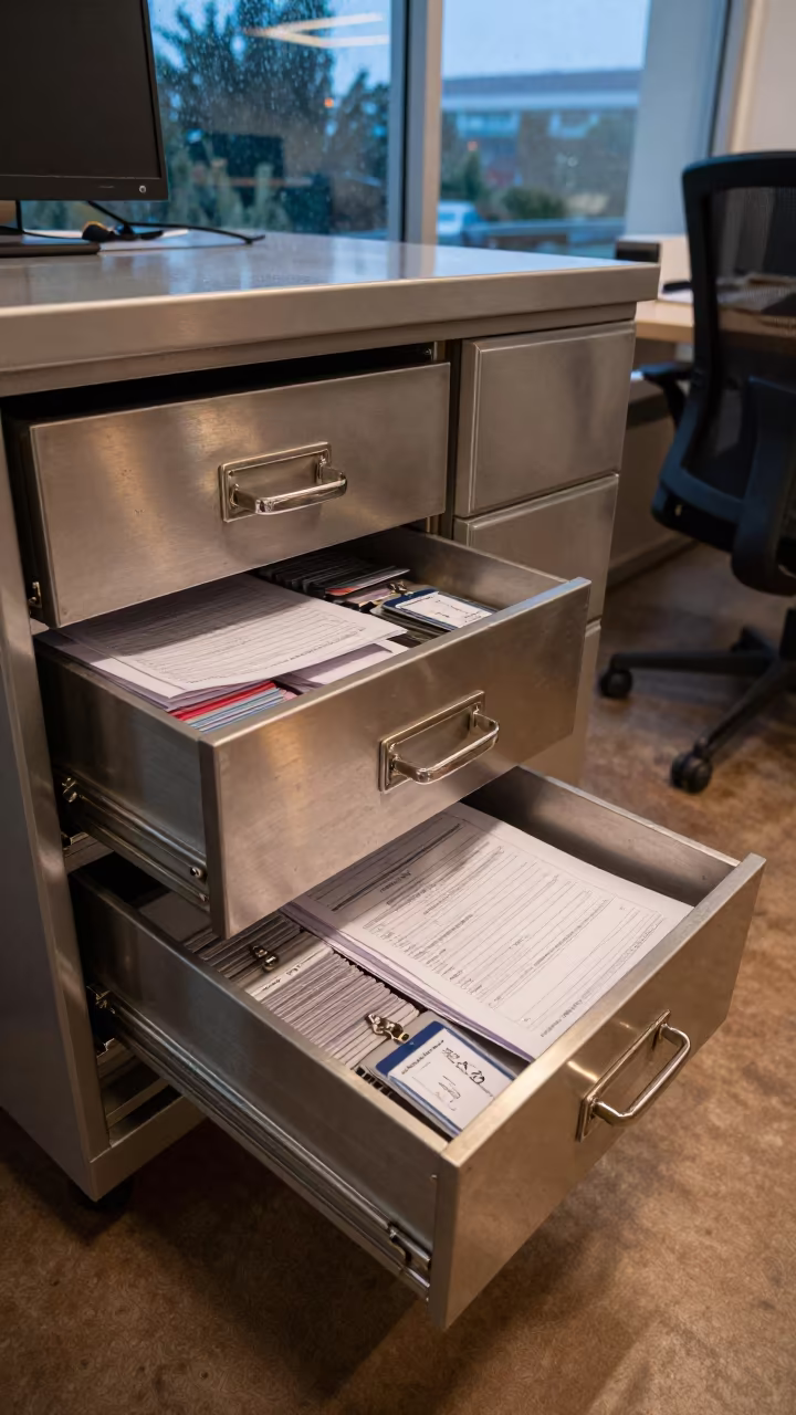 Badge Issue Drawer Under Neon Light in inside a coworking floor in Bandung