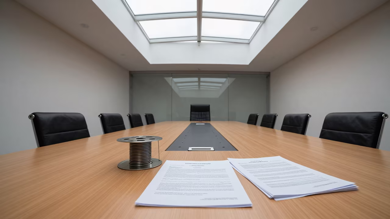 Badge Reel Tin on Boardroom Table Near Skhirat in at a boardroom table before a meeting near Skhirat