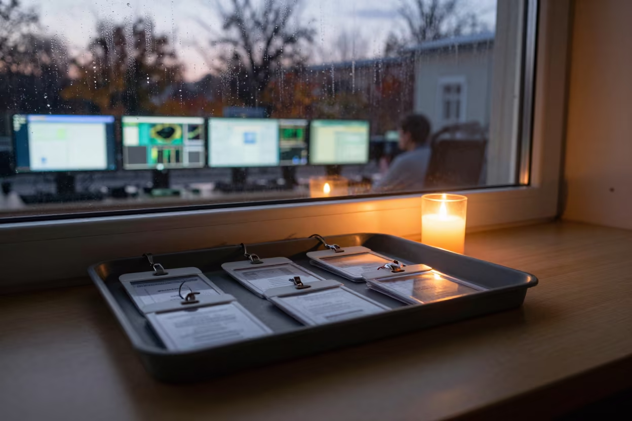 Badge Return Tray at Autumn Twilight Operations Center in in an operations center under monitor glow near Kharkiv