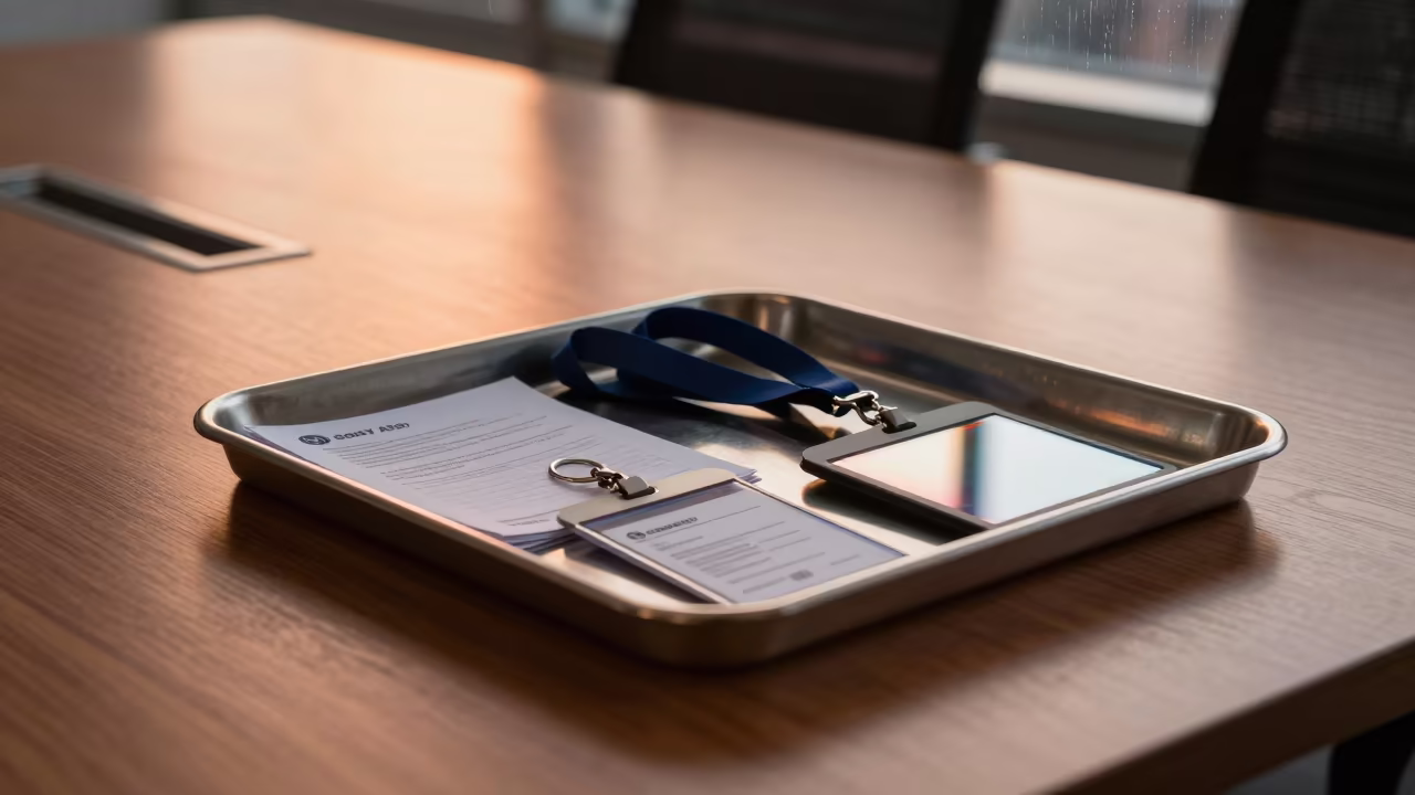 Badge Return Tray in Copper Light Before Dusk in inside a conference room in Milagro