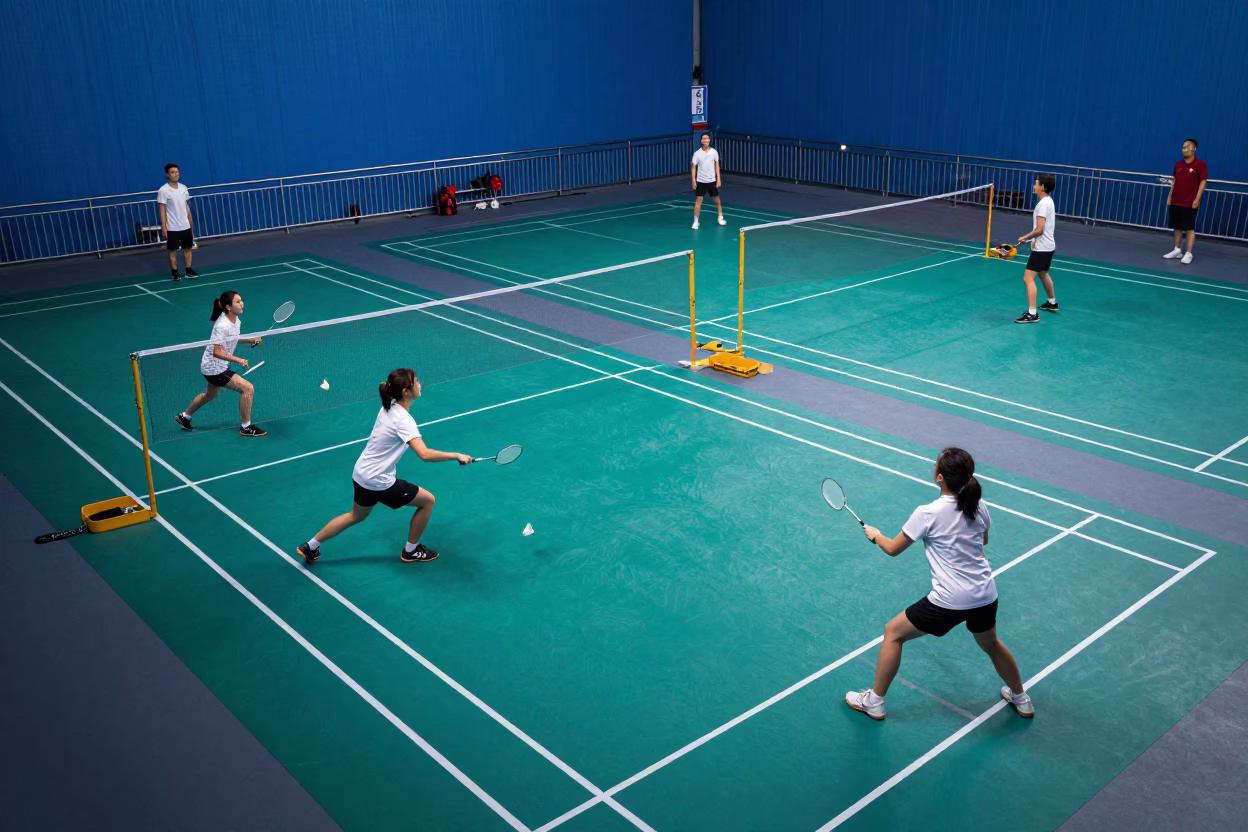 Badminton Doubles Intercepting Flat Drive on Wuhan Pier in on a pier railing near Wuhan