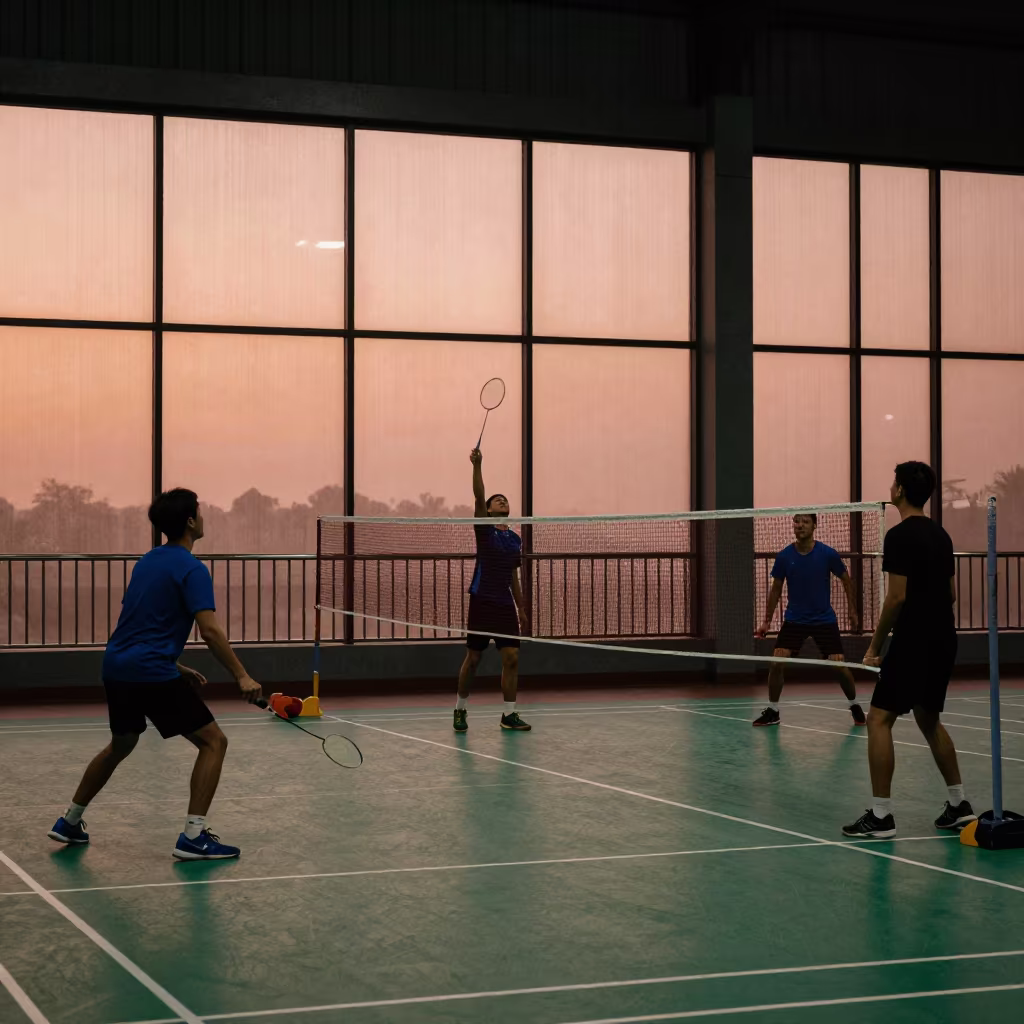 Badminton Doubles Team Net Intercept in on a pier railing in Bangui