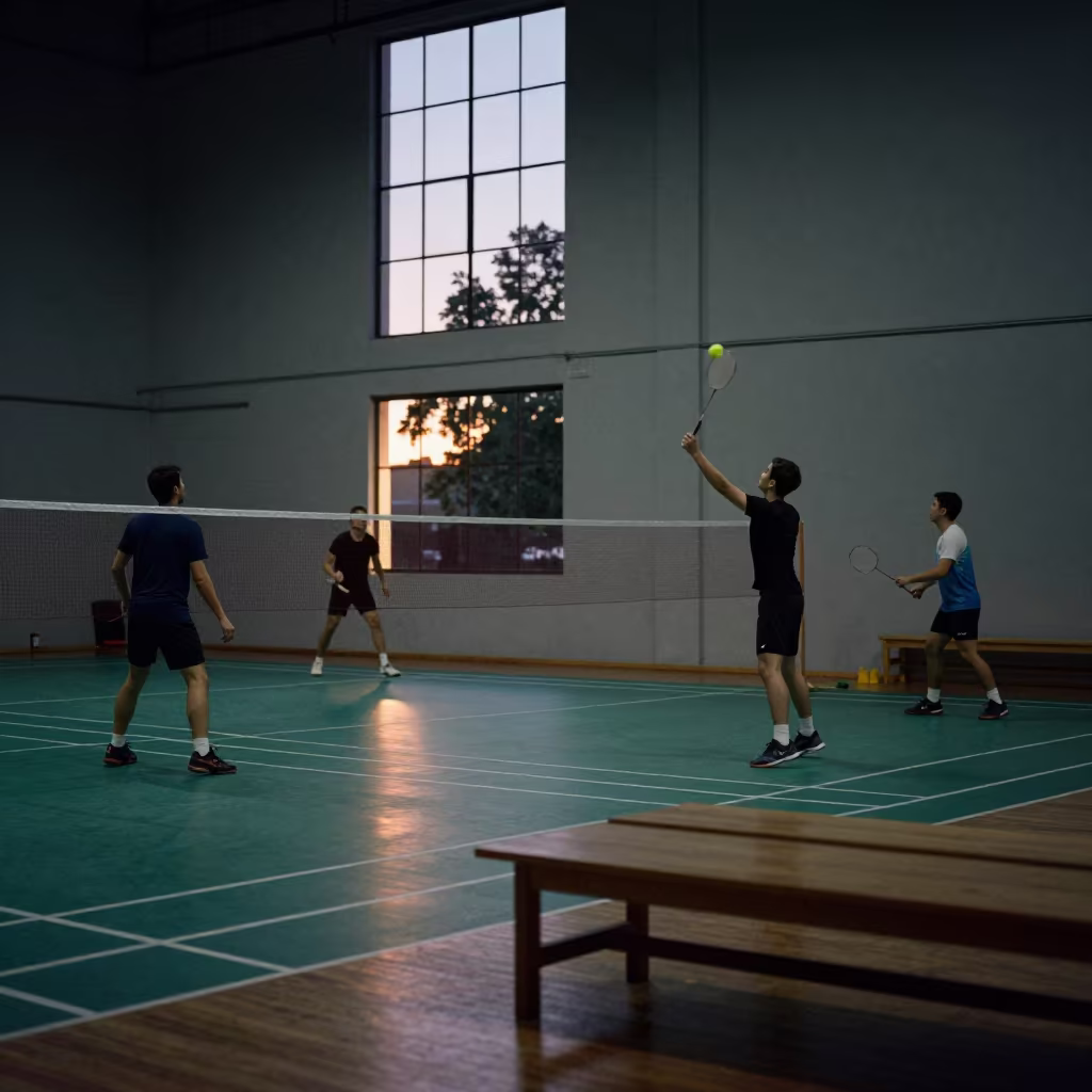 Badminton Net Intercept at Buenos Aires Twilight in on a wooden workbench near Recoleta, Buenos Aires