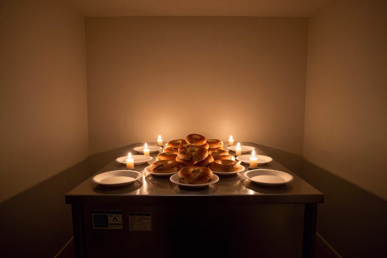 Bagels on Office Kitchen Island Before Dawn in at an office reception desk near Rason