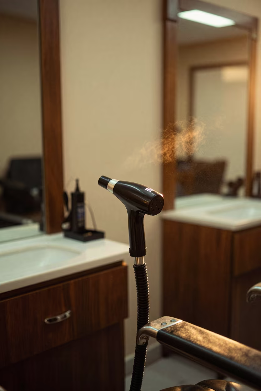 Baghdad Barber Steamer Hose Hook Evening Light in at a barber station beneath mirror bulbs in Baghdad