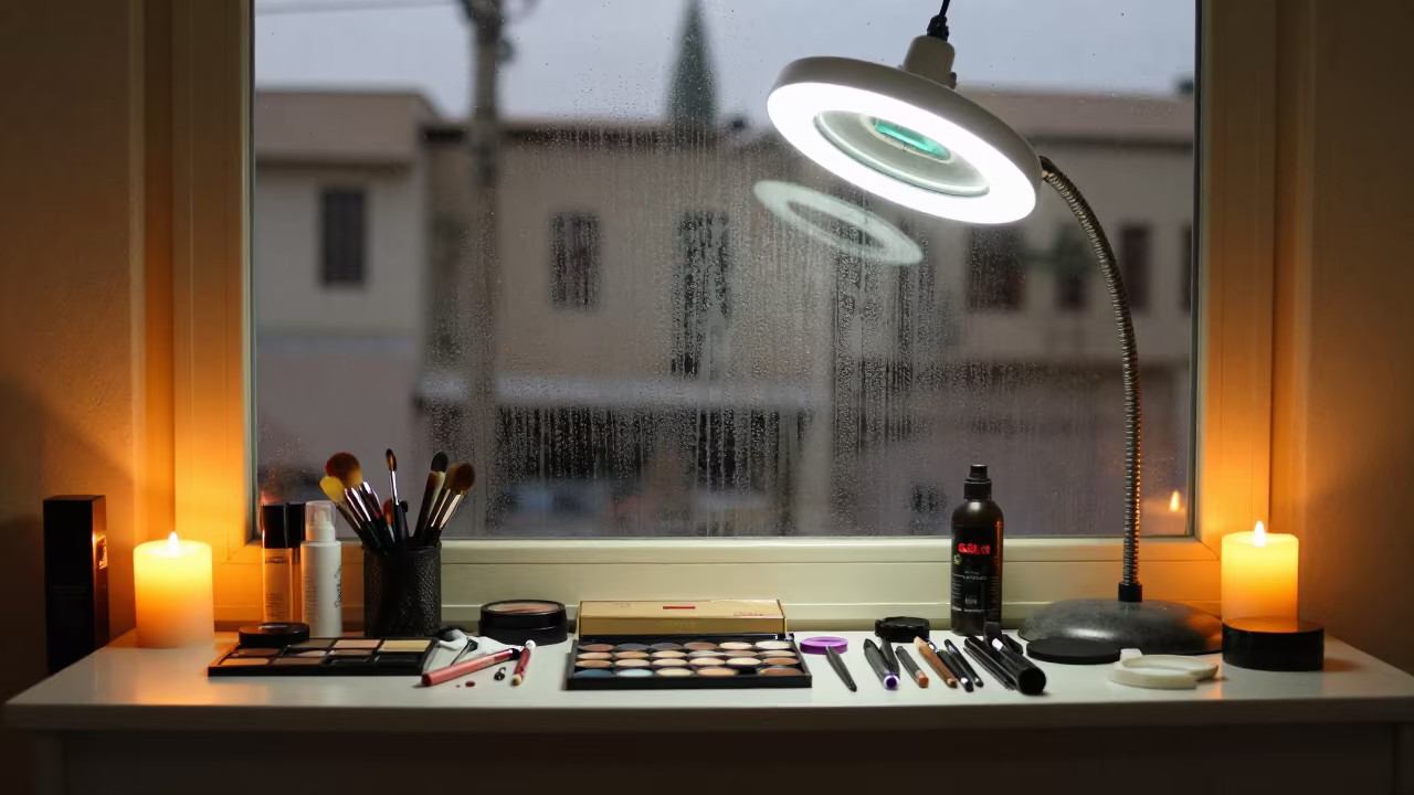 Baghdad Bridal Makeup Table Twilight Glow in at a salon reception counter in Baghdad