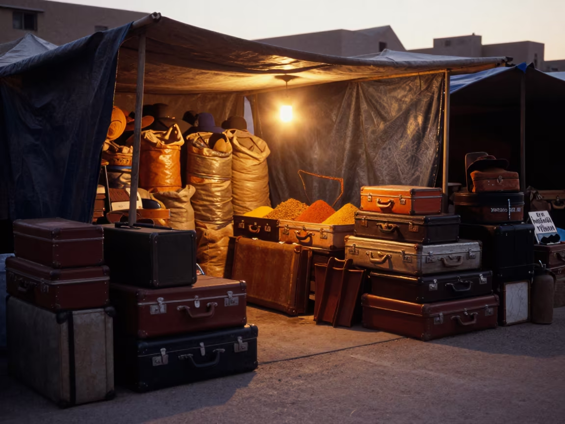 Baghdad Market Booth Sunset Vintage Suitcases in under a market canopy in Baghdad