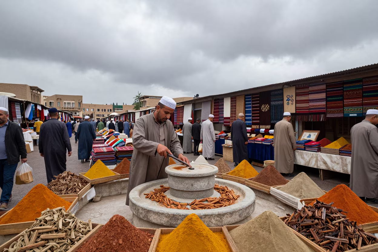 Baghdad Spice Merchant Grinding Cinnamon in at a textile trader's stall in Baghdad