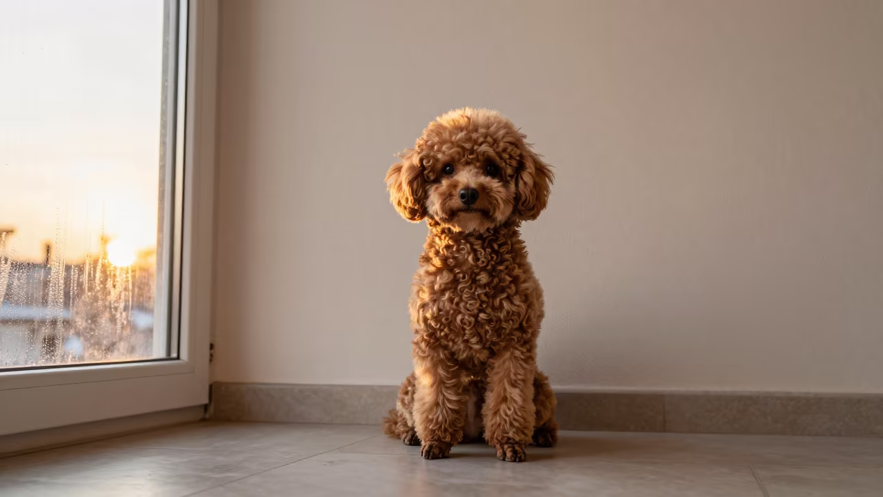 Baghdad Teacup Poodle Portrait Golden Hour in beside a plain plaster wall in soft indoor light with the animal centered in frame in Baghdad