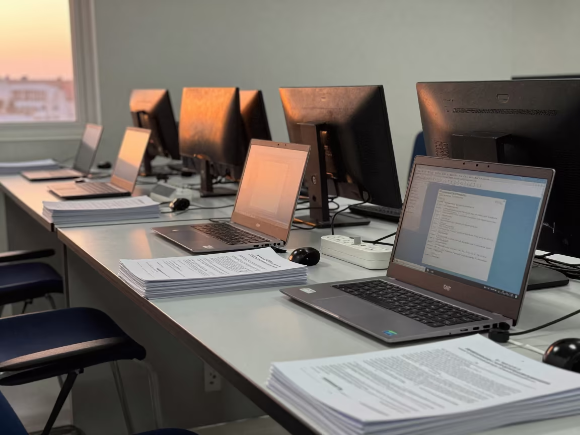 Baghdad Training Lab with Laptops at Dusk in in an operations center under monitor glow in Baghdad
