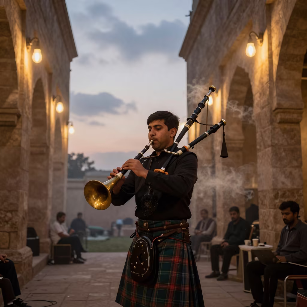 Bagpiper Between Songs in Rawalpindi Rehearsal Room in in a rehearsal room in Rawalpindi