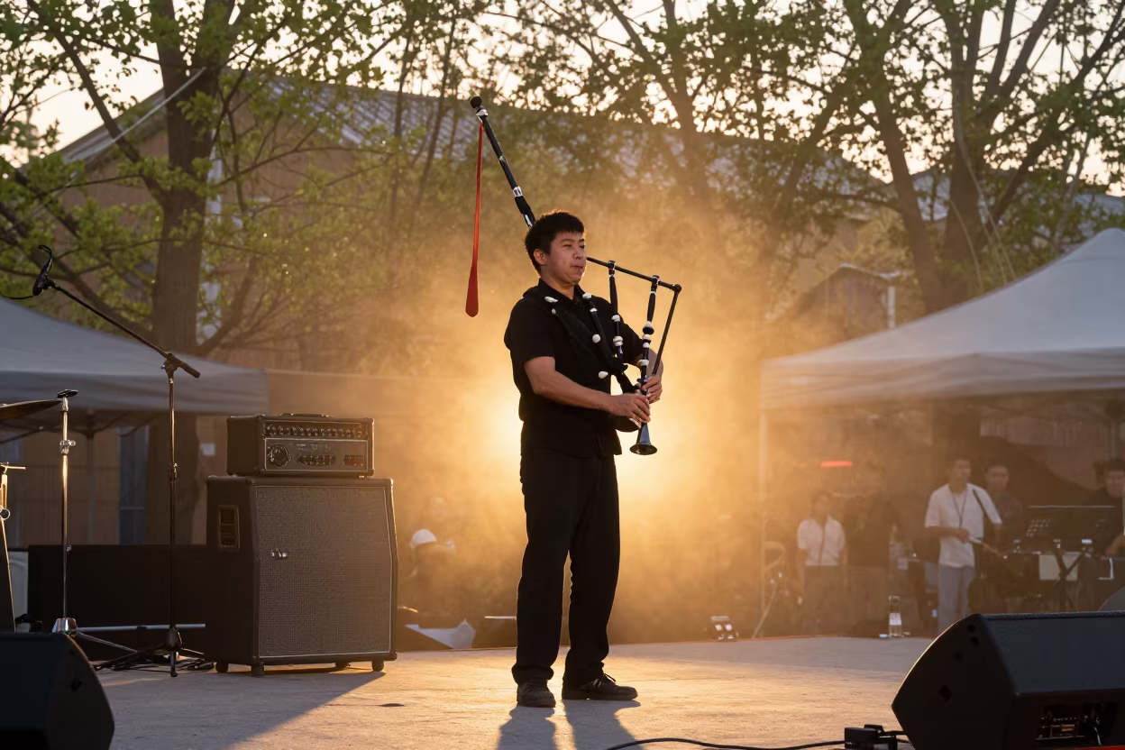 Bagpiper Under Firelight Near Amp Stack in Wuhan in on a dimly lit stage in Wuhan