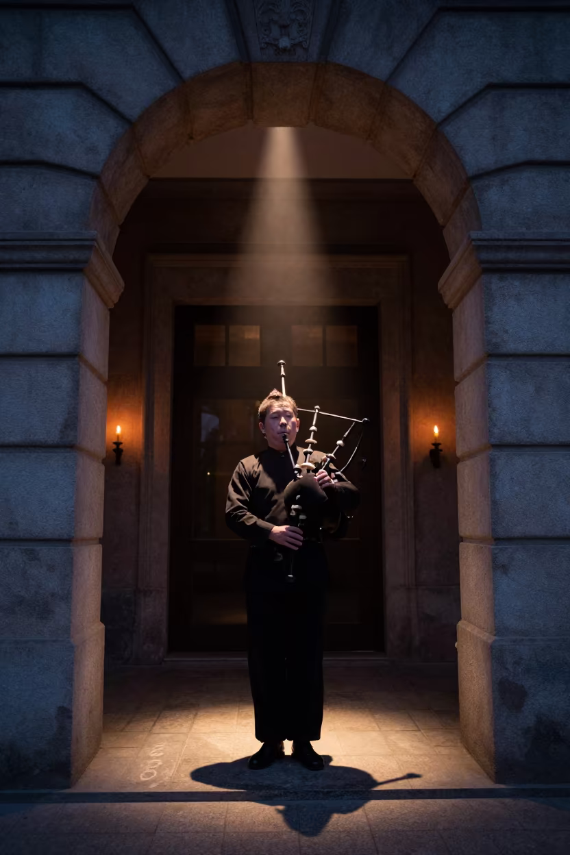 Bagpiper Spotlighted in Beijing Concert Hall in in a concert hall in Beijing