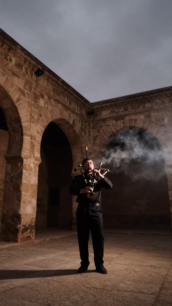Bagpiper Under Tungsten Light in Tlemcen in on a festival main stage in Tlemcen