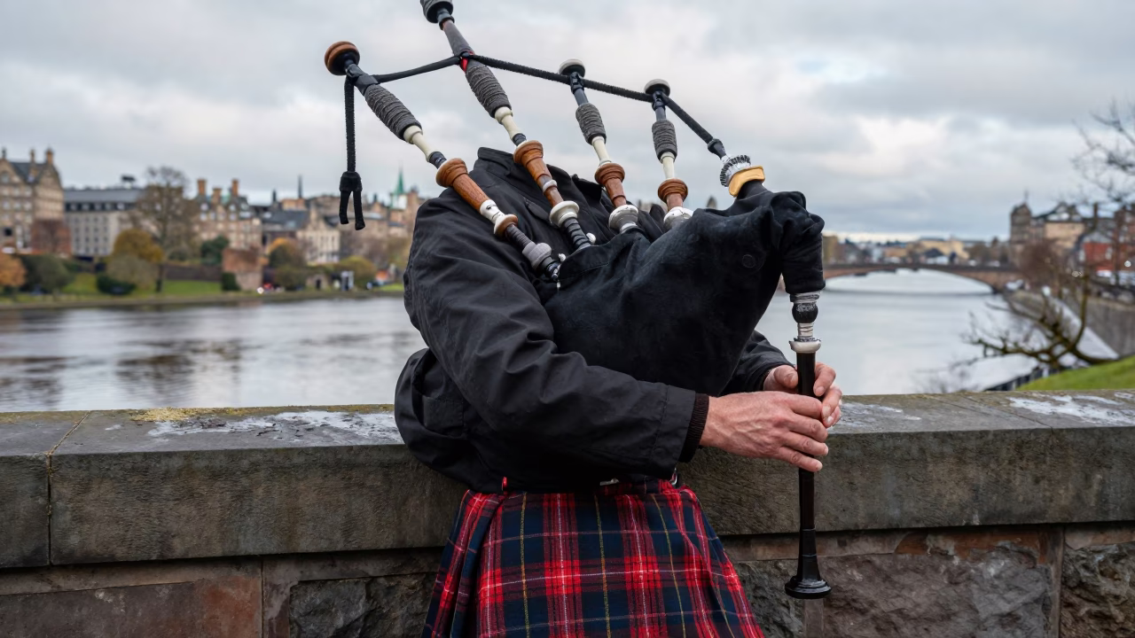 Bagpipes on Stone Wall Edinburgh Winter Noon in at the edge of a ceremonial ground in Edinburgh