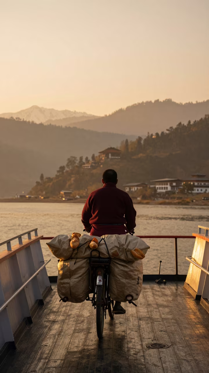 Baguette Bicycle Ferry Golden Hour Bhutan in across a remote ferry crossing in Bhutan