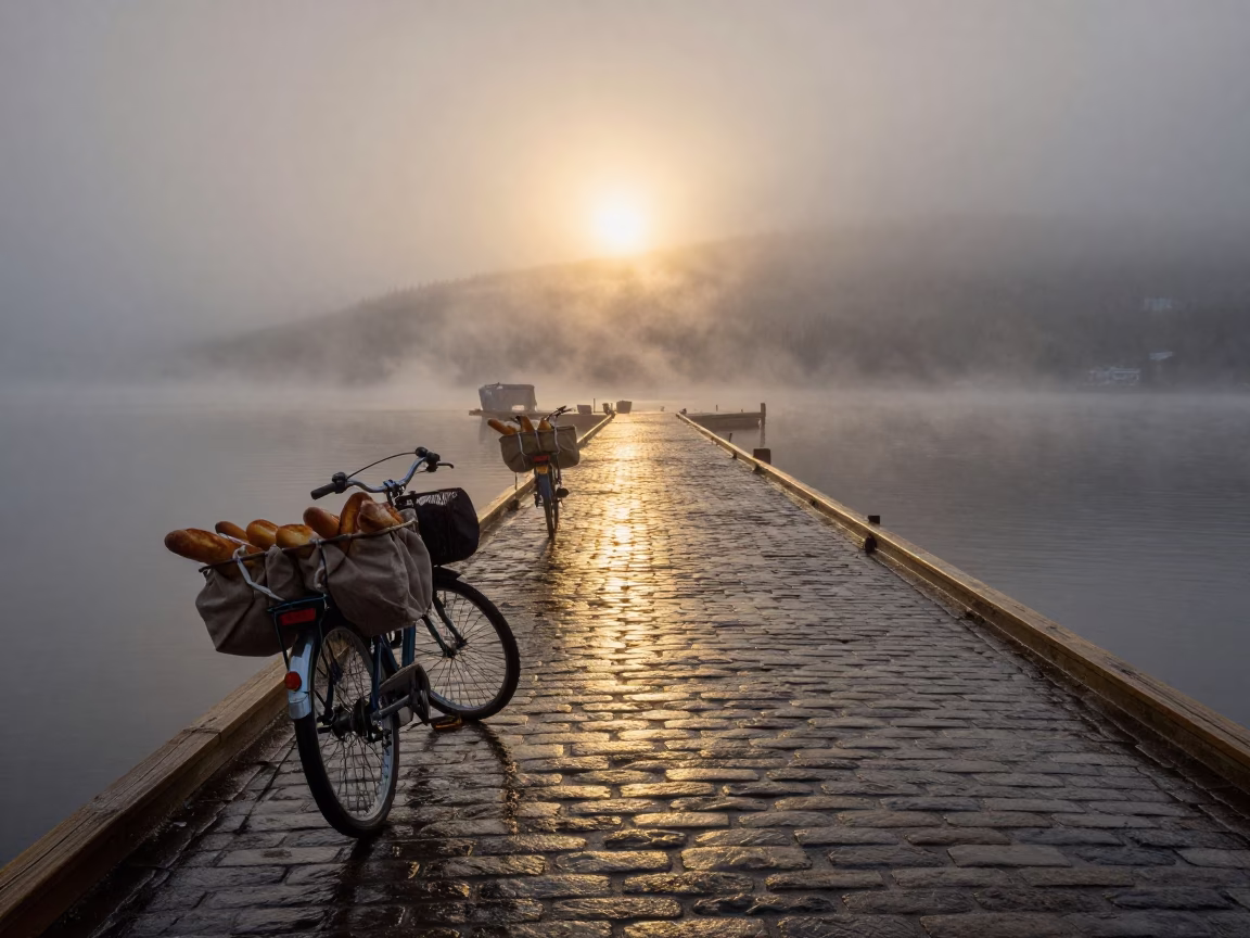 Baguette Bicycle at Yukon Harbor Sunset in beside a fogbound harbor mouth in Yukon