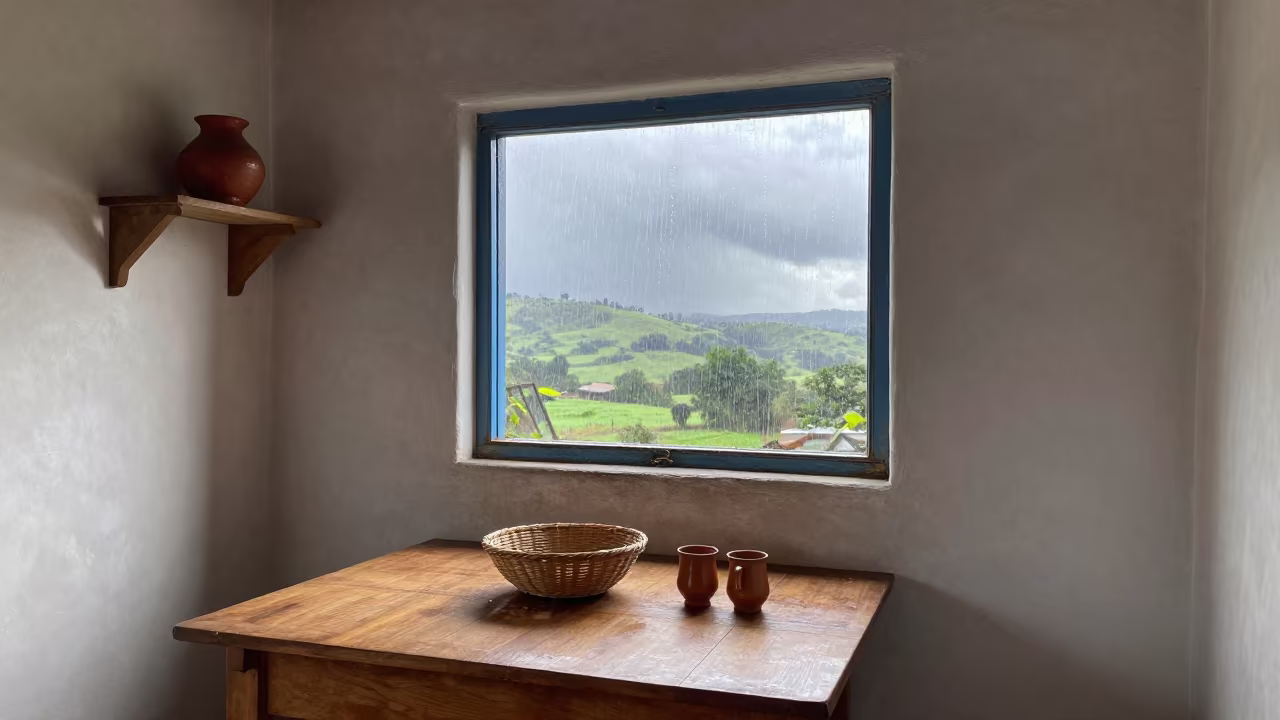 Bahir Dar Kitchen Thunderstorm View in in a cozy kitchen in Bahir Dar