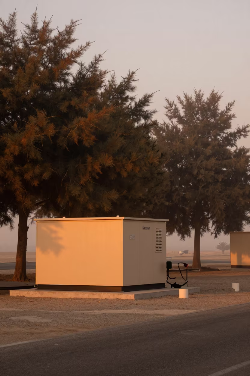 Orange Sunset Light on Bahrain Field Station Generator in at a remote field station in Bahrain