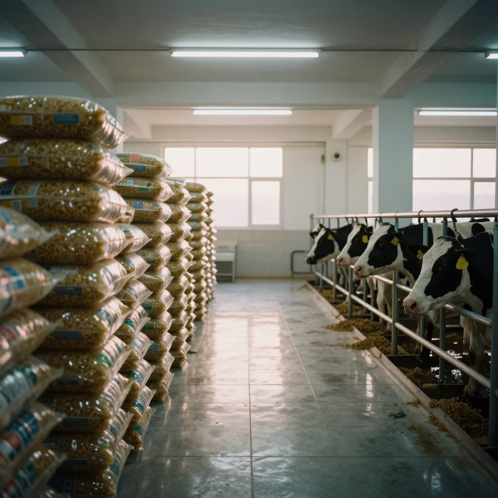 Bahrain Milking Parlor Floor Reflecting Morning Lights in inside a machine shed with seed bags stacked high in Bahrain