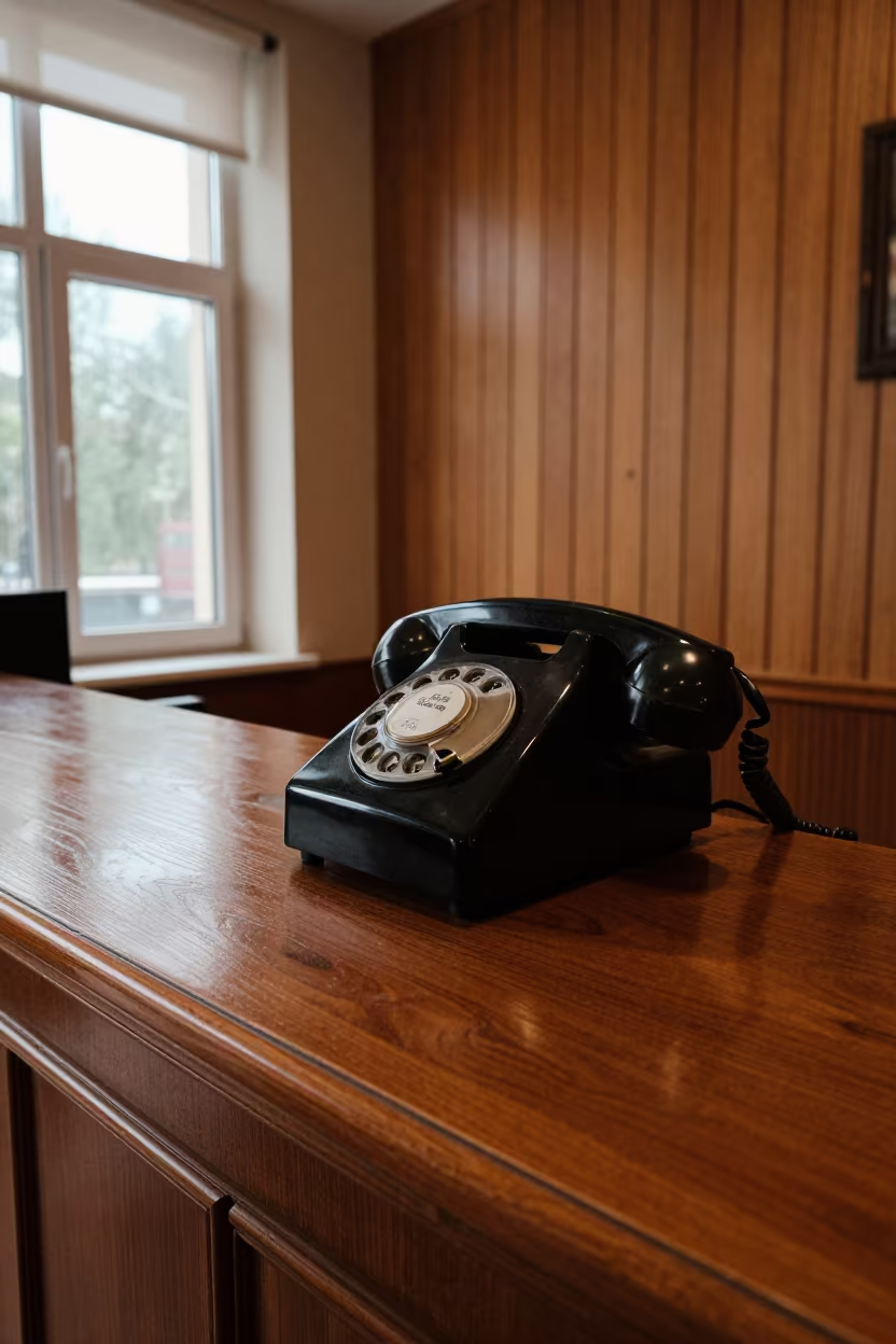 Bakelite Phone on Tashkent Hotel Reception Desk in at a reception desk under warm light in Tashkent